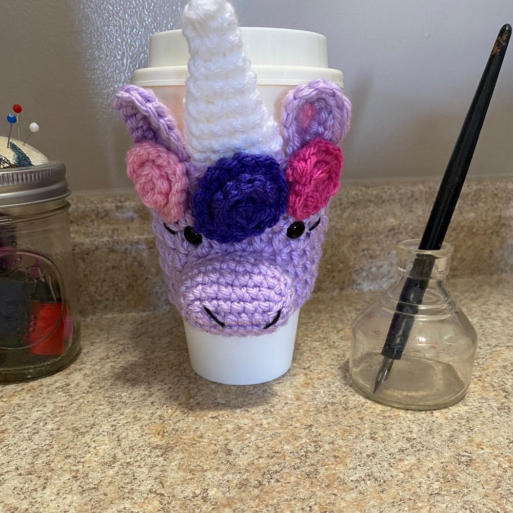 Crochet Cup Cozy Purple Unicorn - Picture 2 of 2